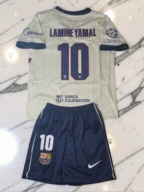 Lamine Yamal #10 Barcelona Kids Away Soccer Jersey Shorts Set
